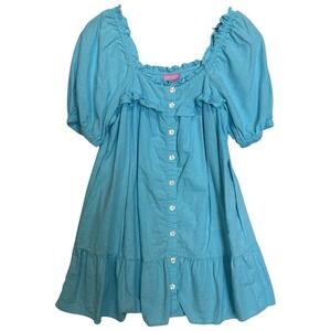Stoney Clover Lane Dress Blue Linen Colorful Babydoll Relaxed Size XS